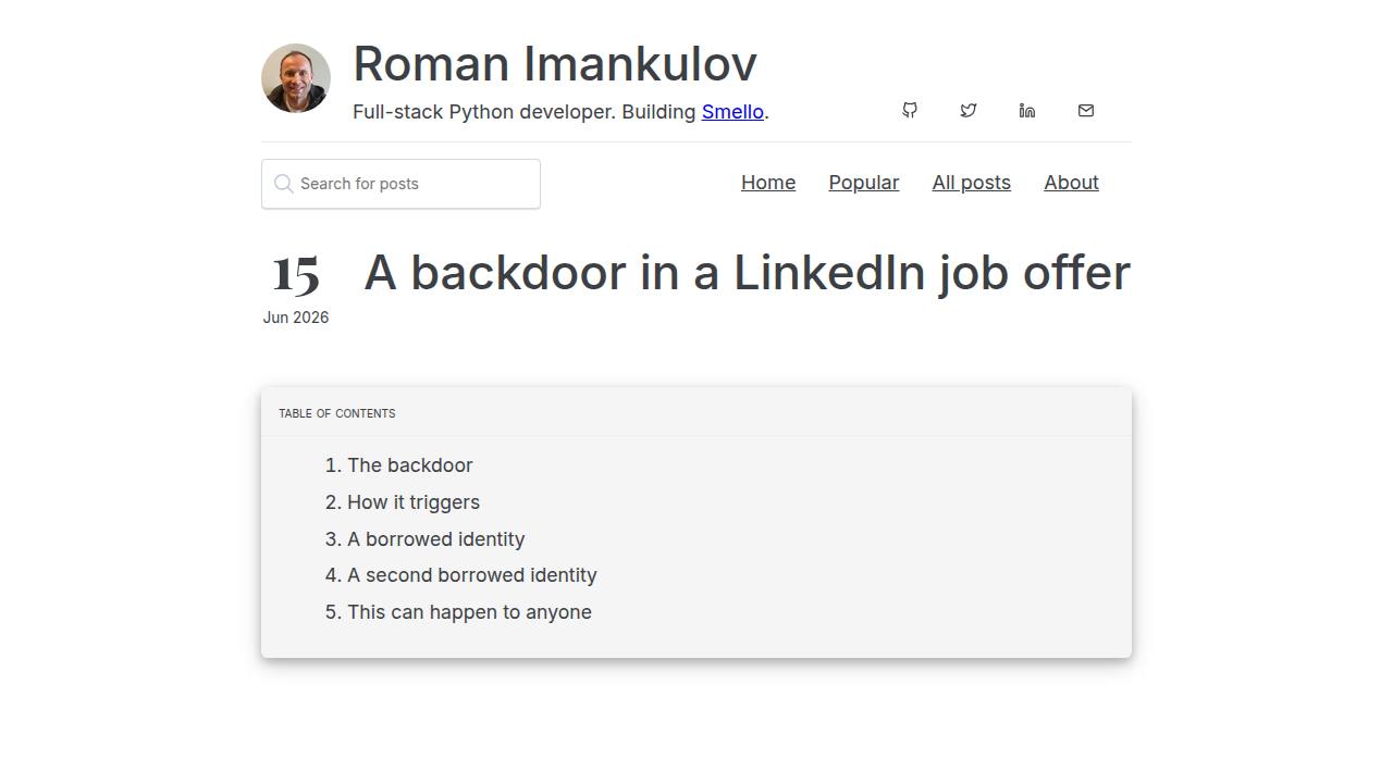 Thumbnail for A backdoor in a LinkedIn job offer