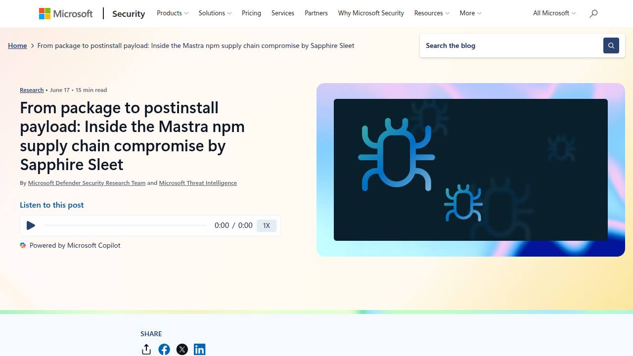 Thumbnail for From package to postinstall payload: Inside the Mastra npm supply chain compromise by Sapphire Sleet