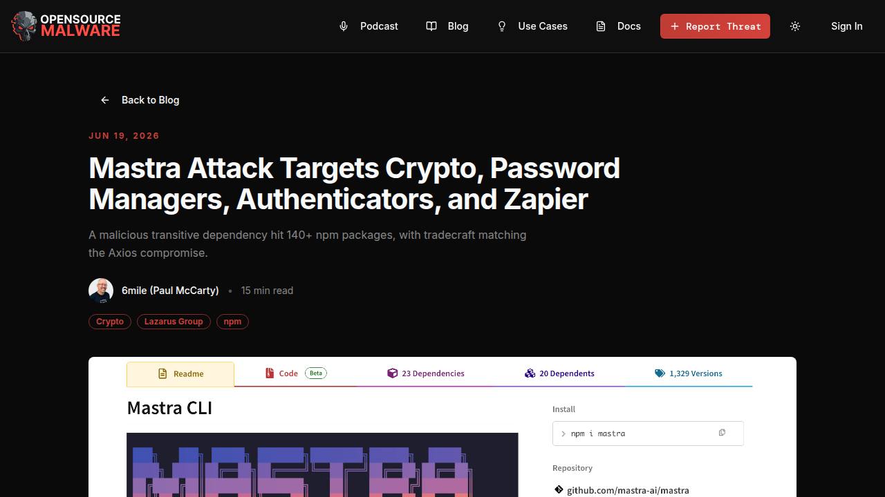 Thumbnail for Mastra Attack Targets Crypto, Password Managers, Authenticators, and Zapier