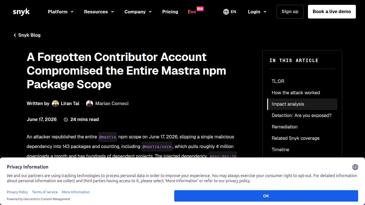 Thumbnail for A Forgotten Contributor Account Compromised the Entire Mastra npm Package Scope