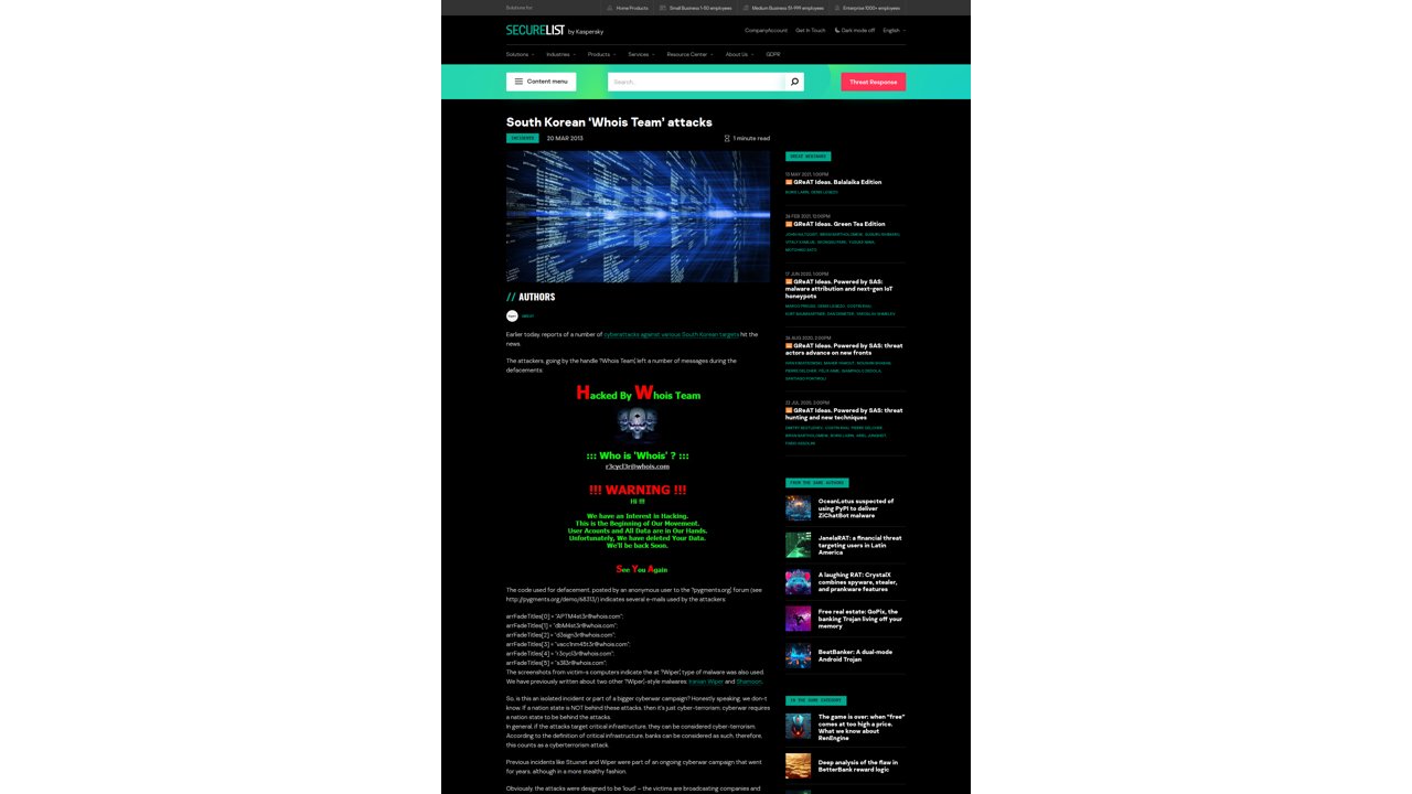 Thumbnail for South Korean ‘Whois Team’ attacks