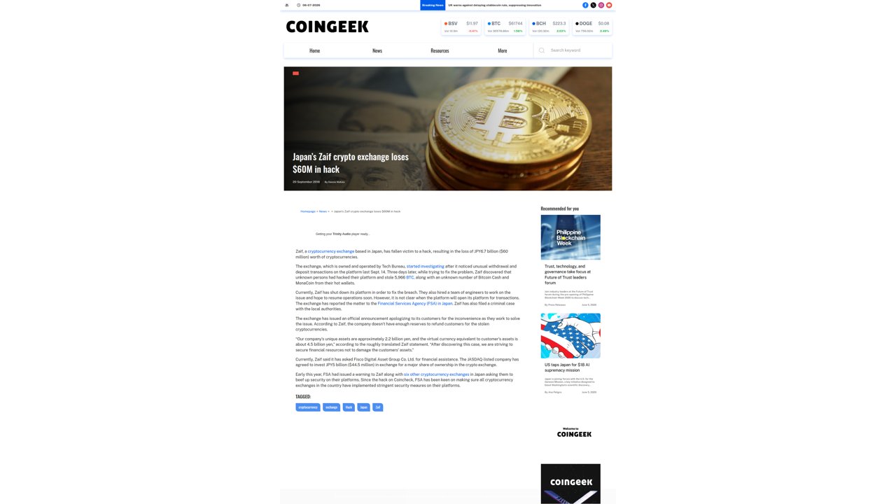 Thumbnail for Japan's Zaif crypto exchange loses $60M in hack