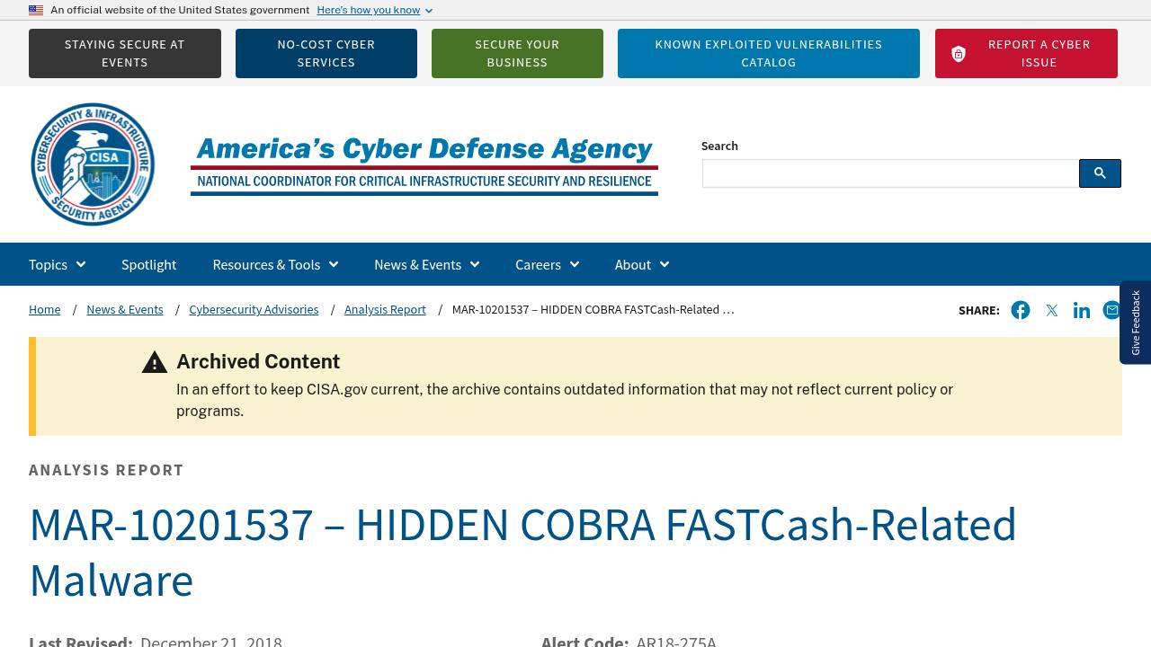 Thumbnail for MAR-10201537 – HIDDEN COBRA FASTCash-Related Malware