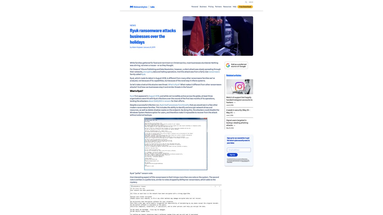 Thumbnail for Ryuk ransomware attacks businesses over the holidays