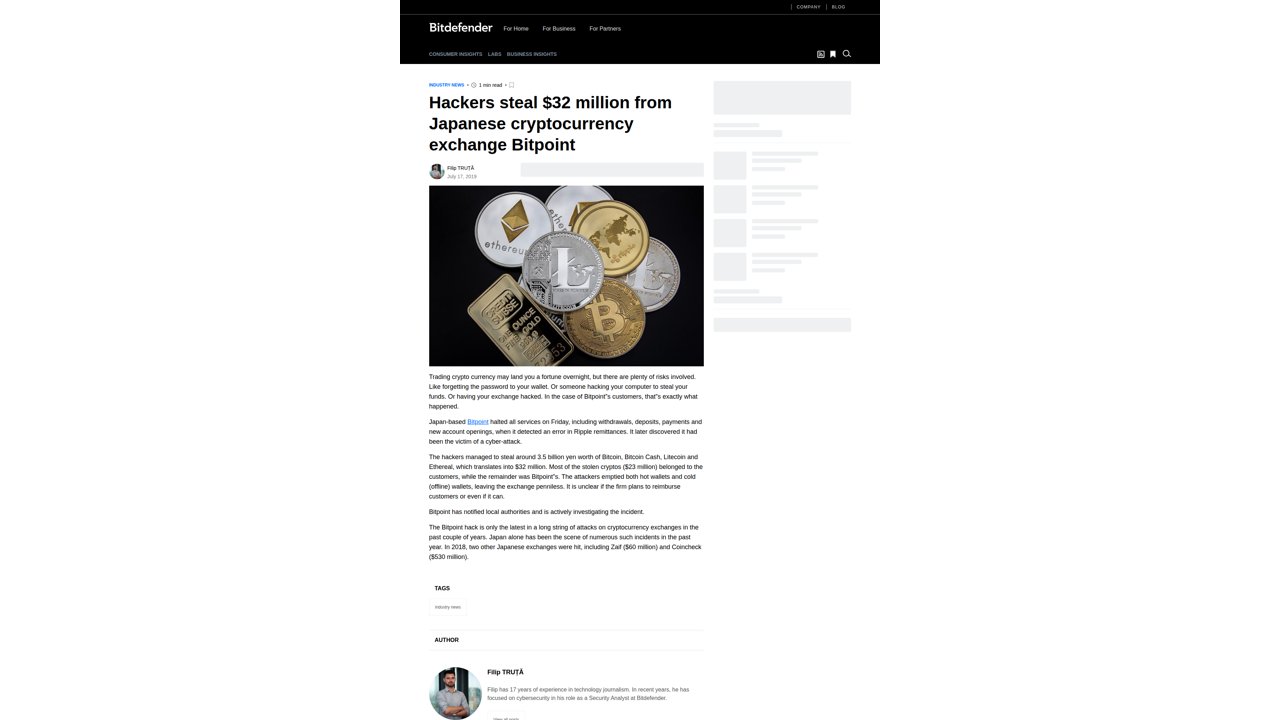 Thumbnail for Hackers steal $32 million from Japanese cryptocurrency exchange Bitpoint
