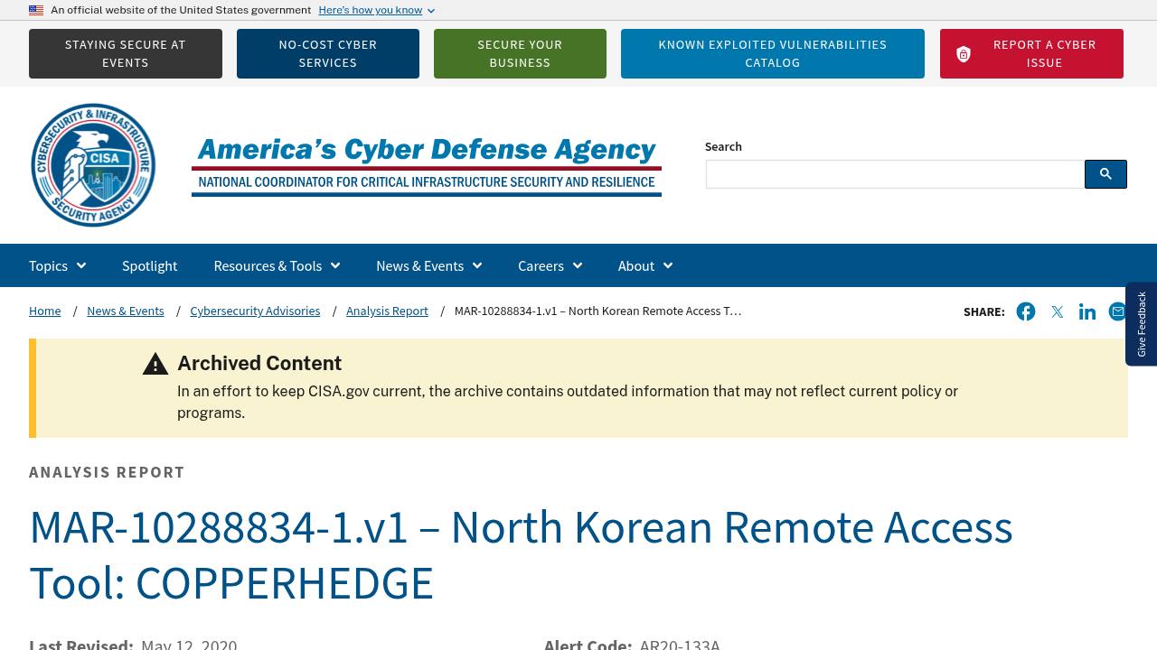 Thumbnail for MAR-10288834-1.v1 – North Korean Remote Access Tool: COPPERHEDGE