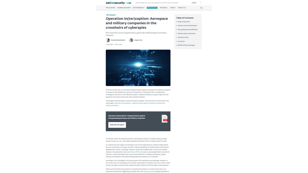 Thumbnail for Operation In(ter)ception: Aerospace and military companies in the crosshairs of cyberspies