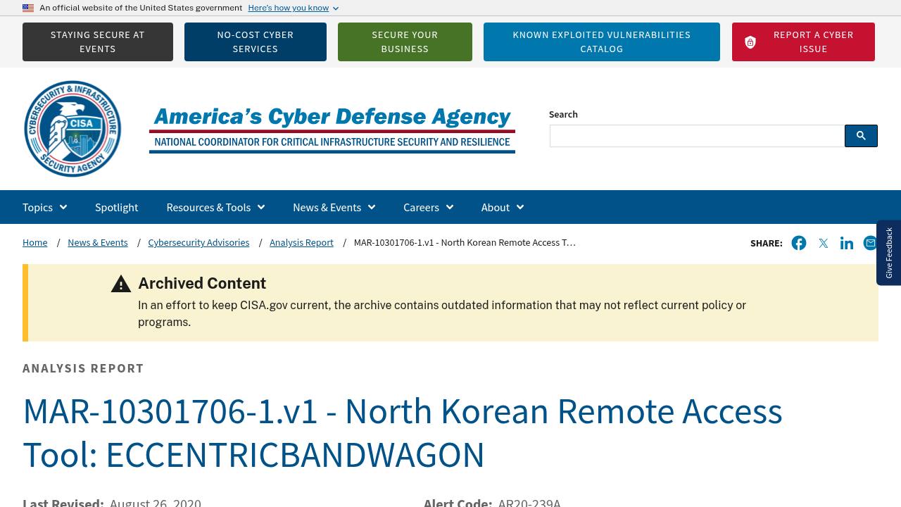 Thumbnail for MAR-10301706-1.v1 - North Korean Remote Access Tool: ECCENTRICBANDWAGON
