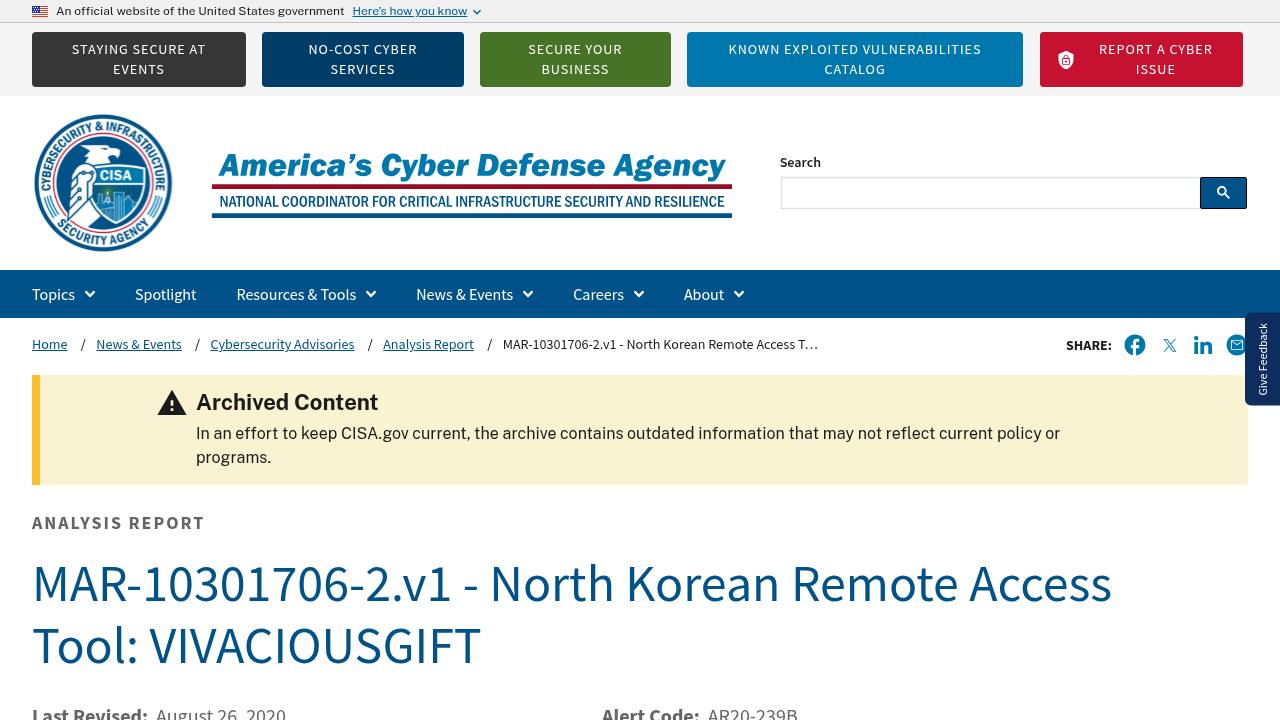 Thumbnail for MAR-10301706-2.v1 - North Korean Remote Access Tool: VIVACIOUSGIFT