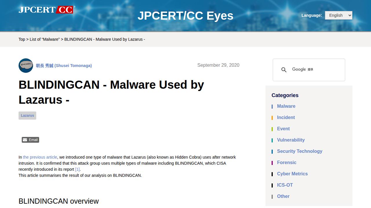 Thumbnail for BLINDINGCAN - Malware Used by Lazarus -