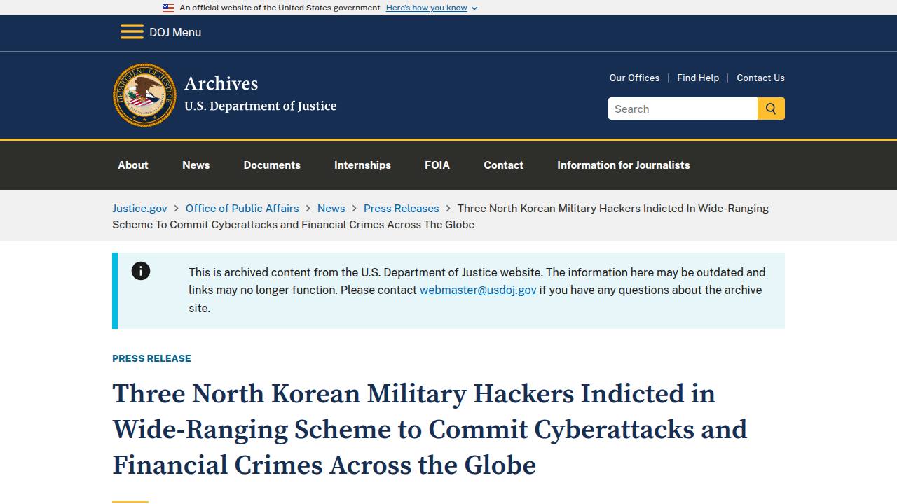 Thumbnail for Three North Korean Military Hackers Indicted in Wide-Ranging Scheme to Commit Cyberattacks and Financial Crimes Across the Globe