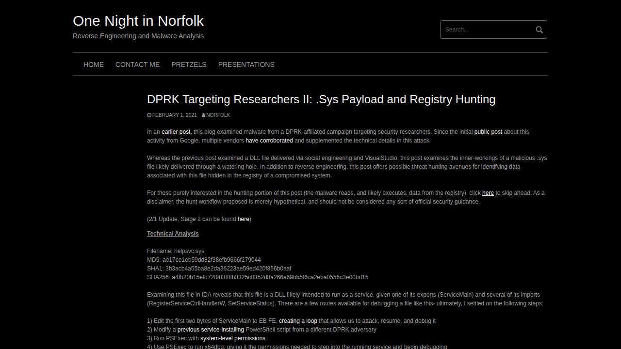 Thumbnail for DPRK Targeting Researchers II: .Sys Payload and Registry Hunting