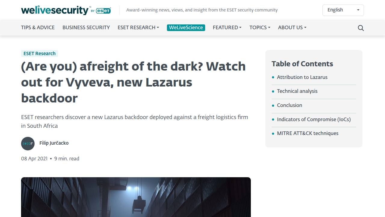 Thumbnail for (Are you) afreight of the dark? Watch out for Vyveva, new Lazarus backdoor