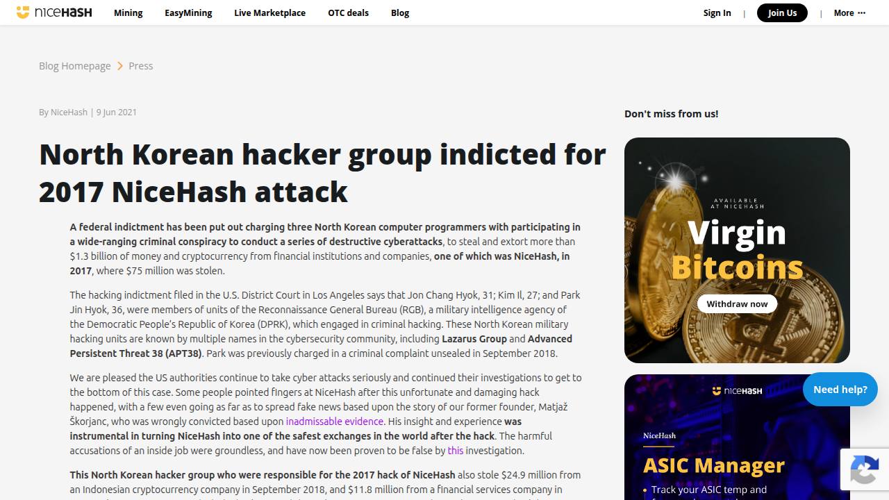 Thumbnail for North Korean hacker group indicted for 2017 NiceHash attack