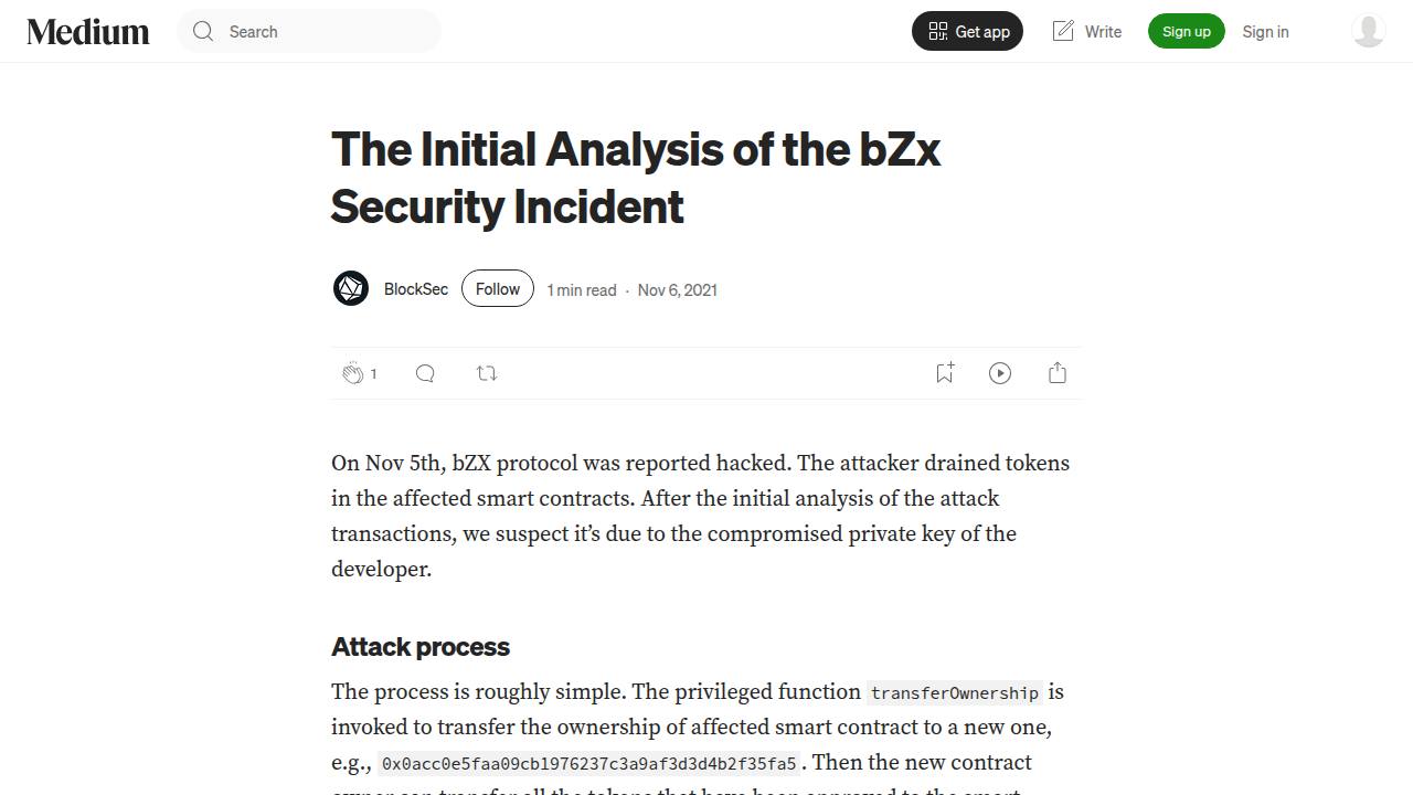 Thumbnail for The Initial Analysis of the bZx Security Incident