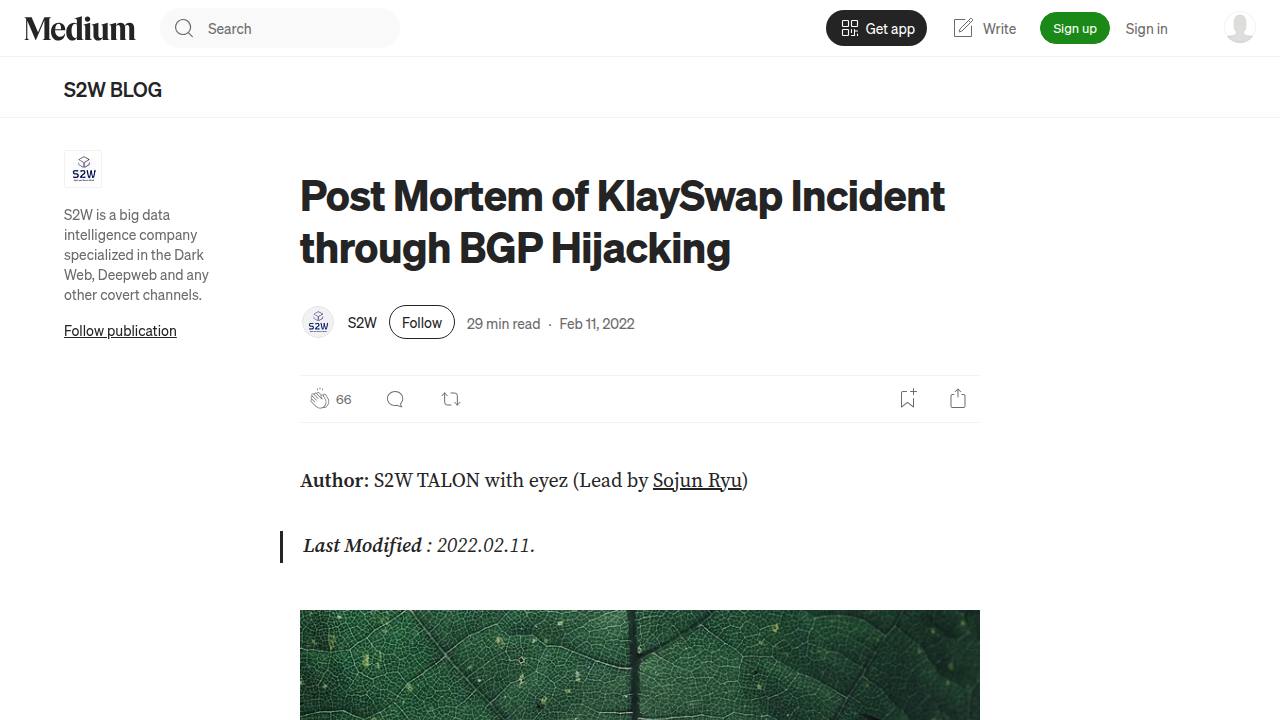 Thumbnail for Post Mortem of KlaySwap Incident through BGP Hijacking