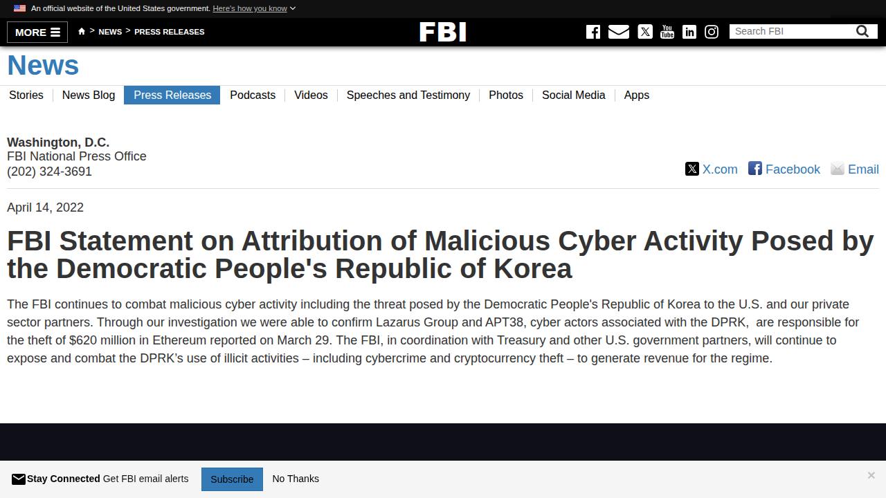 Thumbnail for FBI Statement on Attribution of Malicious Cyber Activity Posed by the Democratic People's Republic of Korea