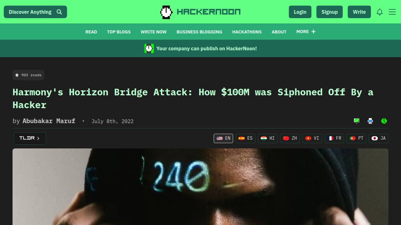 Thumbnail for Harmony's Horizon Bridge Attack: How $100M was Siphoned Off By a Hacker