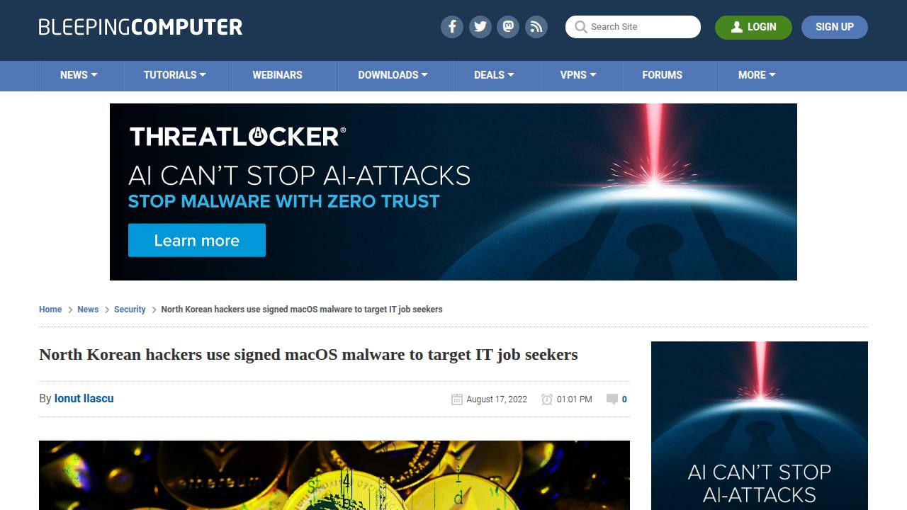 Thumbnail for North Korean hackers use signed macOS malware to target IT job seekers