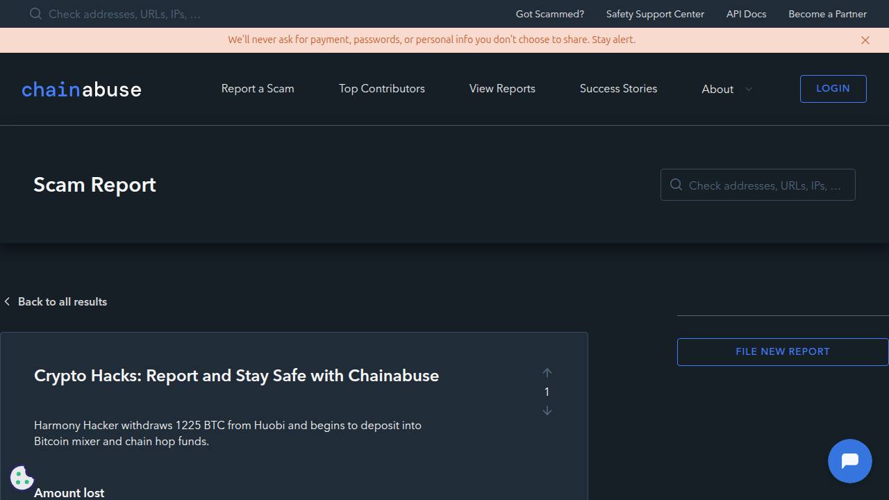 Thumbnail for Harmony Hacker withdraws 1225 BTC from Huobi
