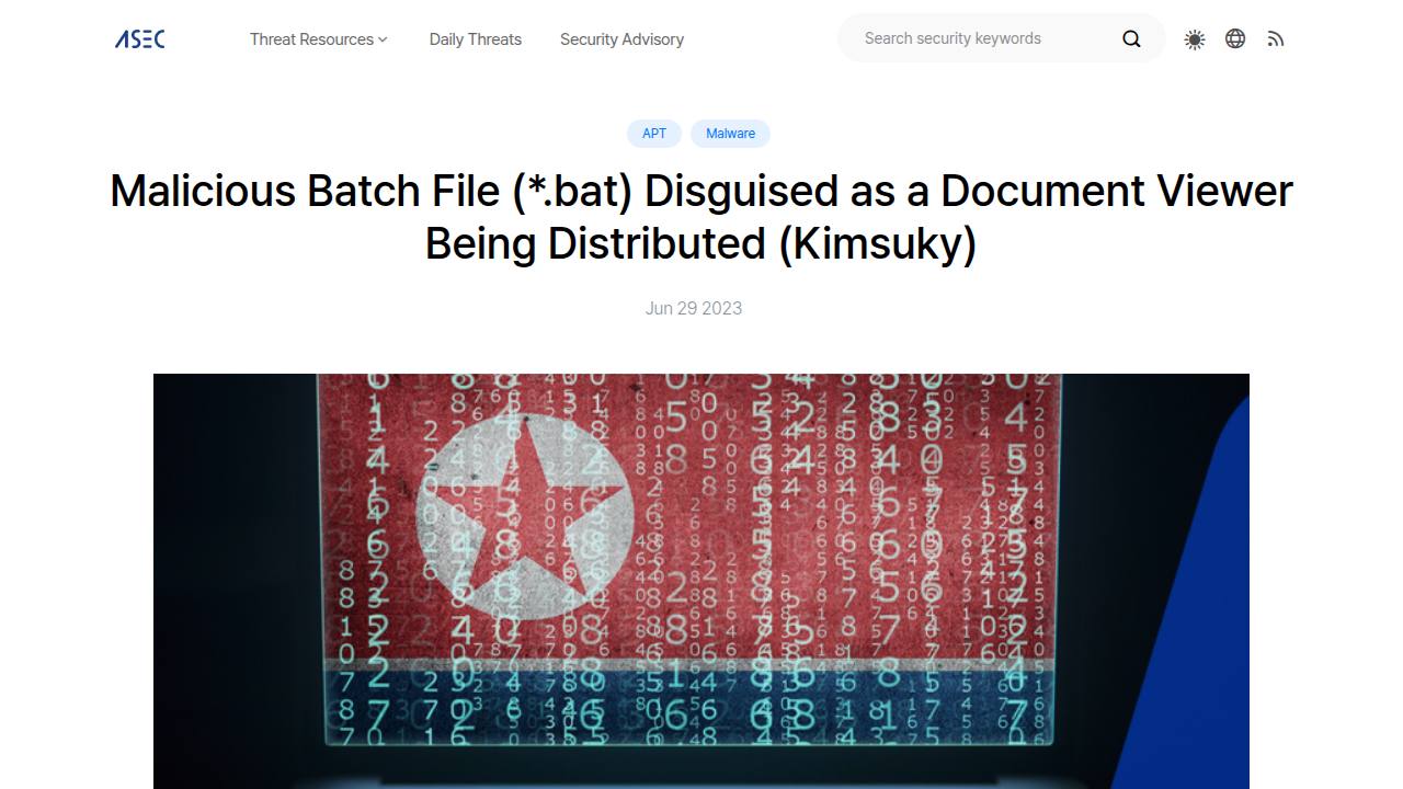 Thumbnail for Malicious Batch File (*.bat) Disguised as a Document Viewer Being Distributed (Kimsuky)