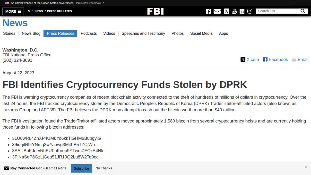 Thumbnail for FBI Identifies Cryptocurrency Funds Stolen by DPRK