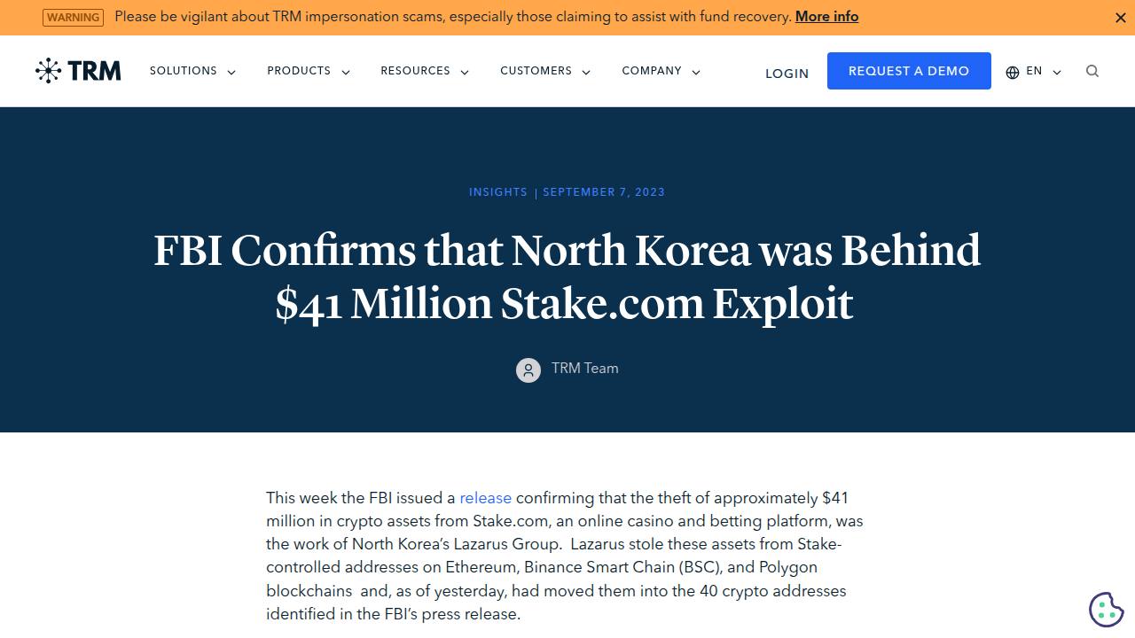 Thumbnail for FBI confirms that North Korea was behind $41 million Stake.com exploit