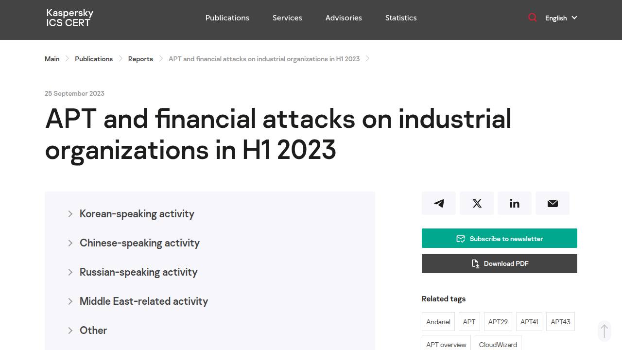Thumbnail for APT and financial attacks on industrial organizations in H1 2023
