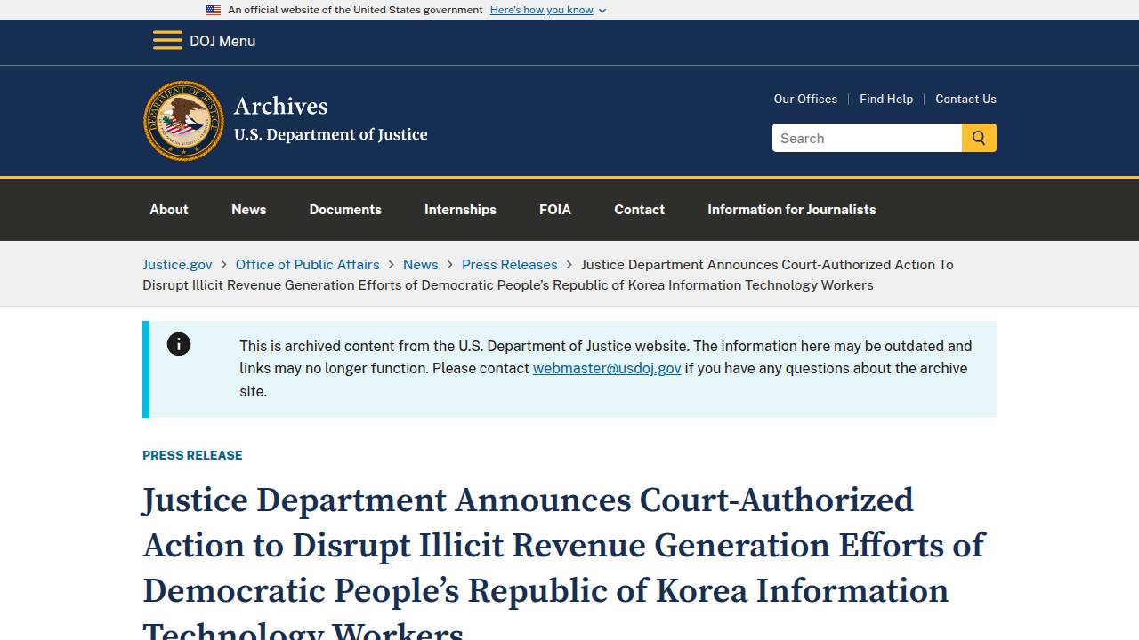 Thumbnail for Justice Department Announces Court-Authorized Action to Disrupt Illicit Revenue Generation Efforts of Democratic People’s Republic of Korea Information Technology Workers