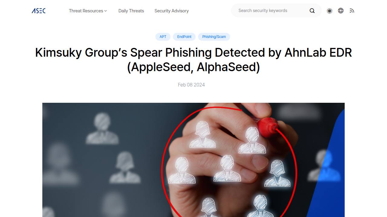 Thumbnail for Kimsuky Group's Spear Phishing Detected by AhnLab EDR (AppleSeed, AlphaSeed)