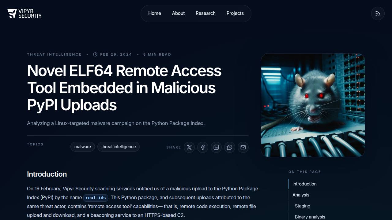 Thumbnail for Novel ELF64 Remote Access Tool Embedded in Malicious PyPI Uploads