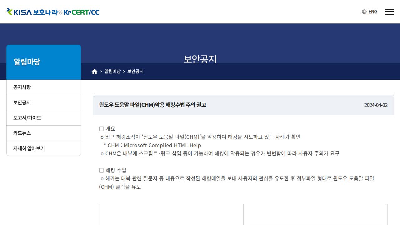 Thumbnail for 윈도우 도움말 파일(CHM)악용 해킹수법 주의 권고