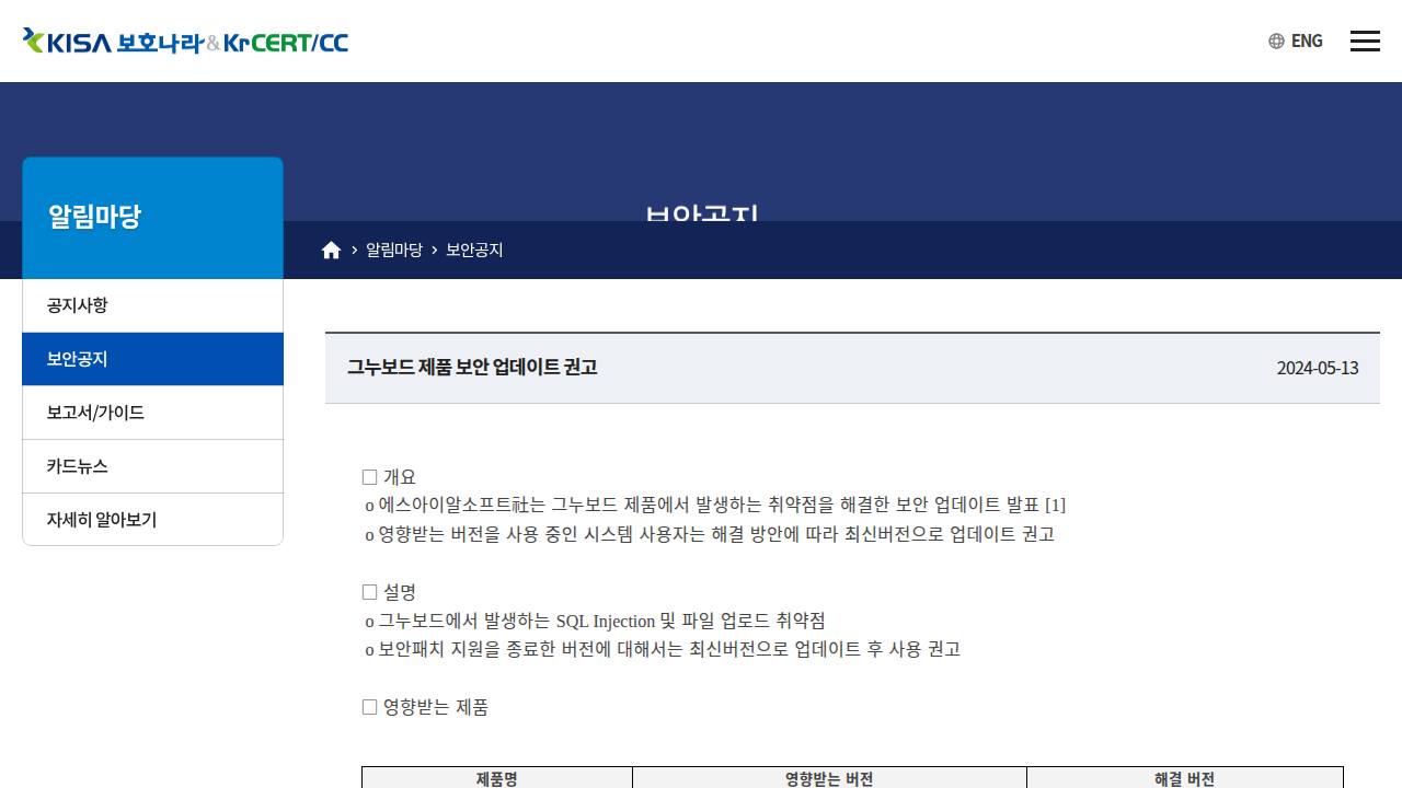 Thumbnail for 그누보드 제품 보안 업데이트 권고