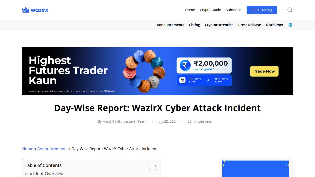 Thumbnail for Day-Wise Report: WazirX Cyber Attack Incident