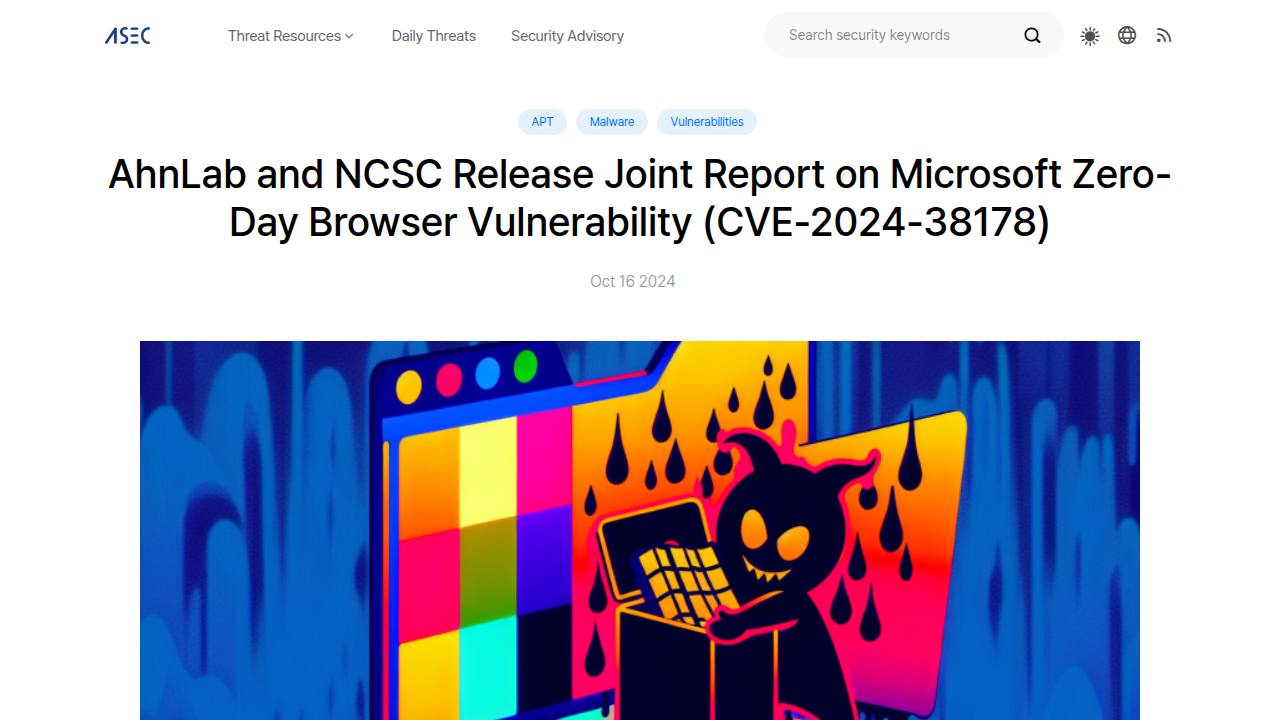 Thumbnail for AhnLab and NCSC Release Joint Report on Microsoft Zero-Day Browser Vulnerability (CVE-2024-38178)
