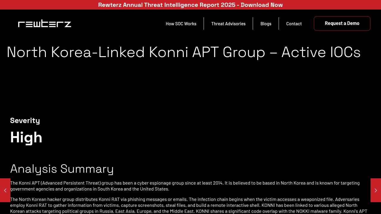 Thumbnail for North Korea-Linked Konni APT Group – Active IOCs