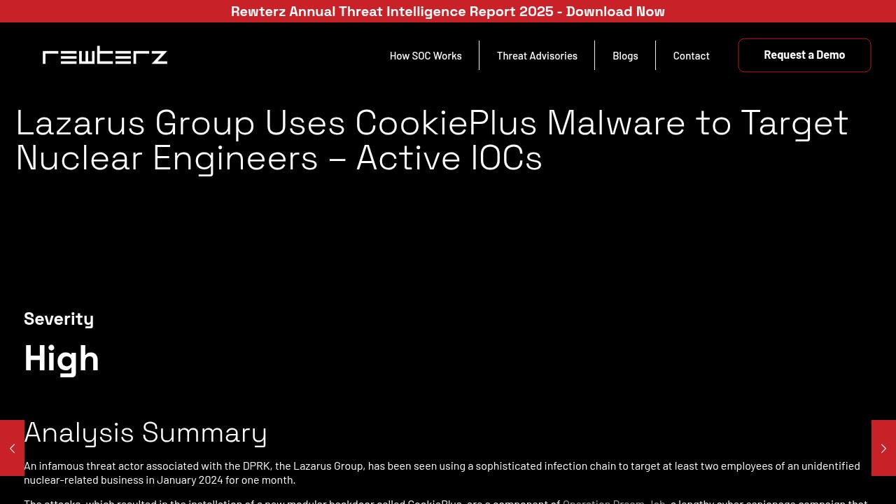 Thumbnail for Lazarus Group Uses CookiePlus Malware to Target Nuclear Engineers – Active IOCs