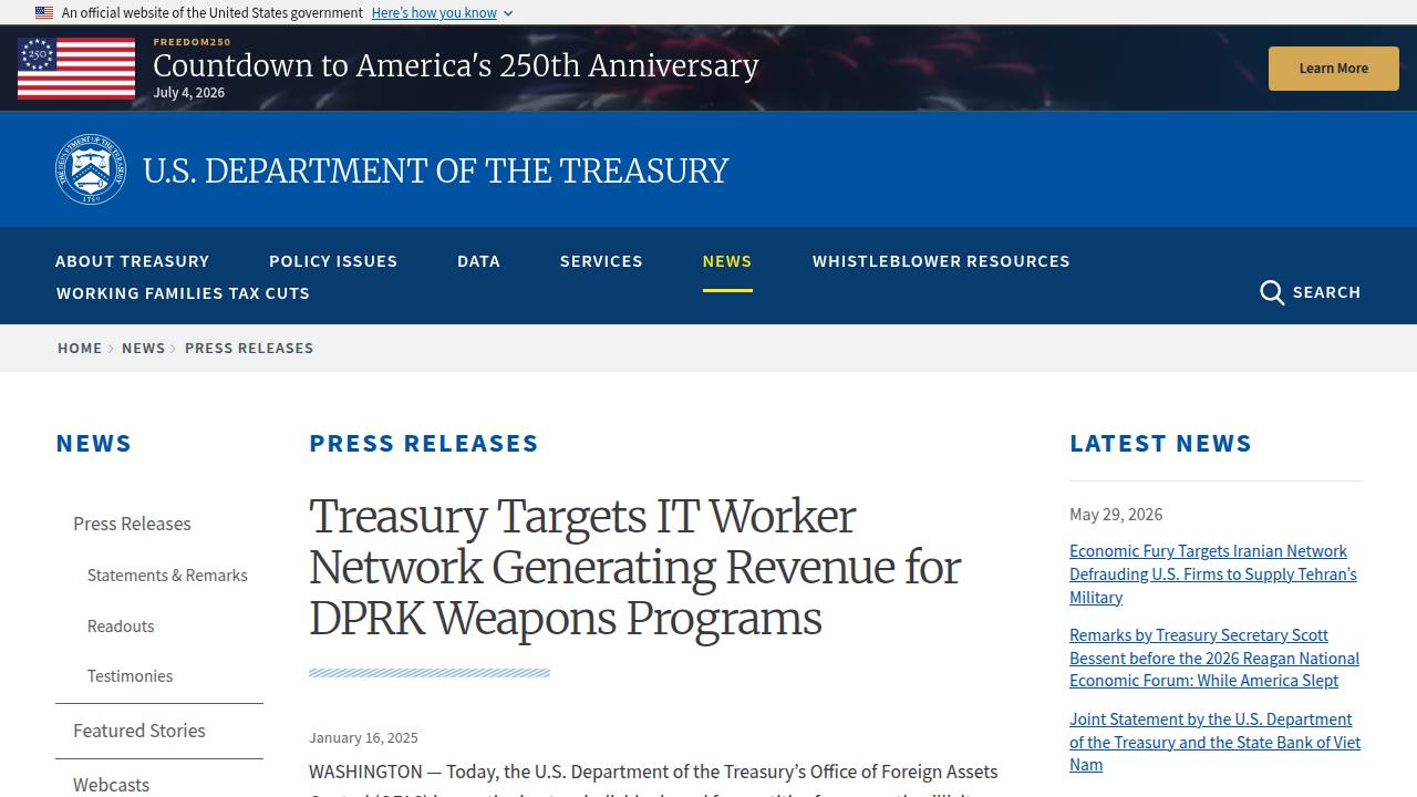 Thumbnail for Treasury Targets IT Worker Network Generating Revenue for DPRK Weapons Programs