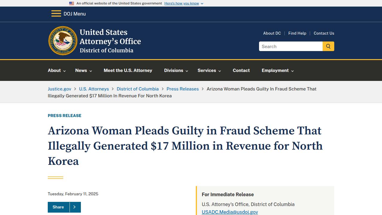 Thumbnail for Arizona Woman Pleads Guilty in Fraud Scheme That Illegally Generated $17 Million in Revenue for North Korea