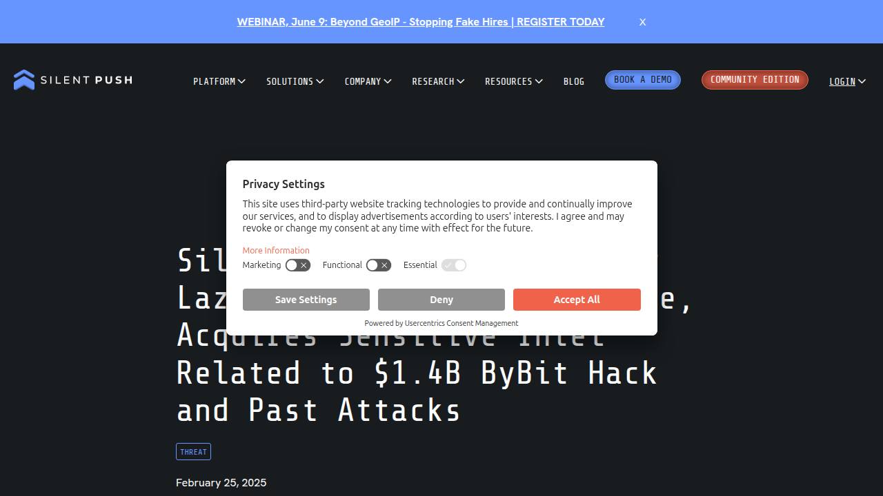 Thumbnail for Silent Push Pivots into New Lazarus Group Infrastructure, Acquires Sensitive Intel Related to $1.4B ByBit Hack and Past Attacks