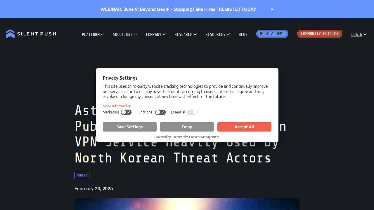 Thumbnail for Astrill VPN: Silent Push Publicly Releases New IPs on VPN Service Heavily Used by North Korean Threat Actors