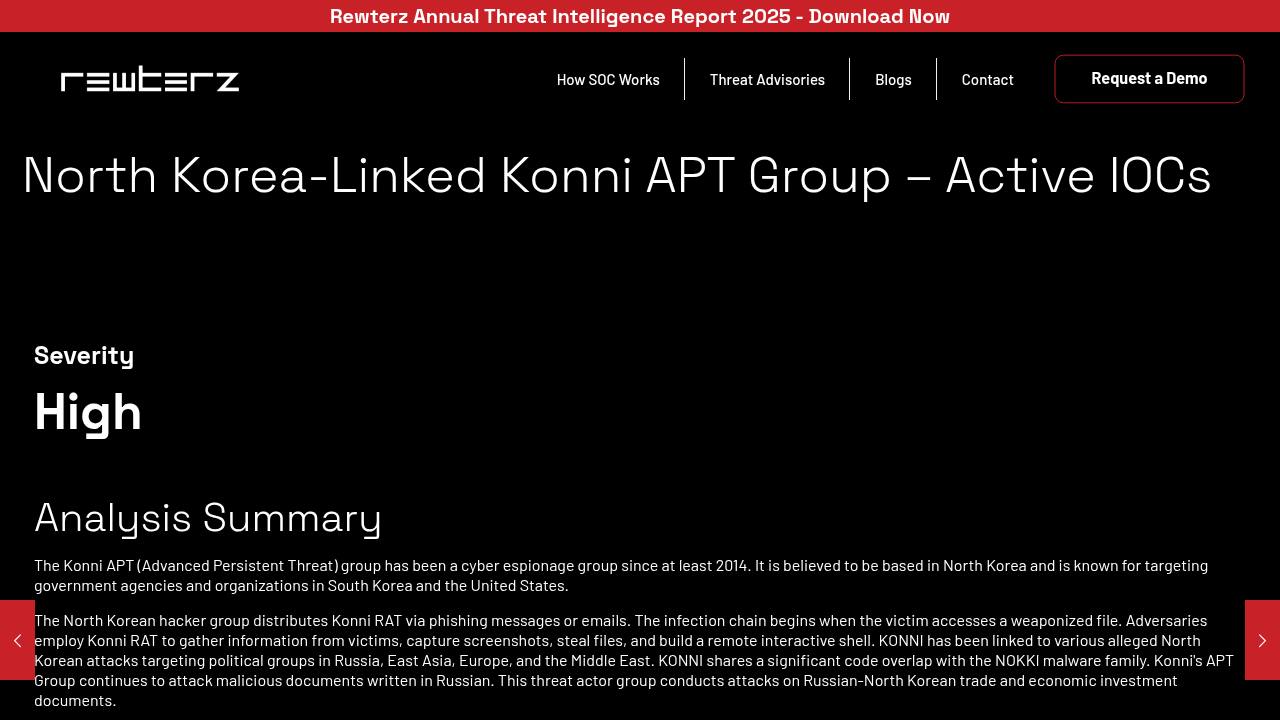 Thumbnail for North Korea-Linked Konni APT Group – Active IOCs
