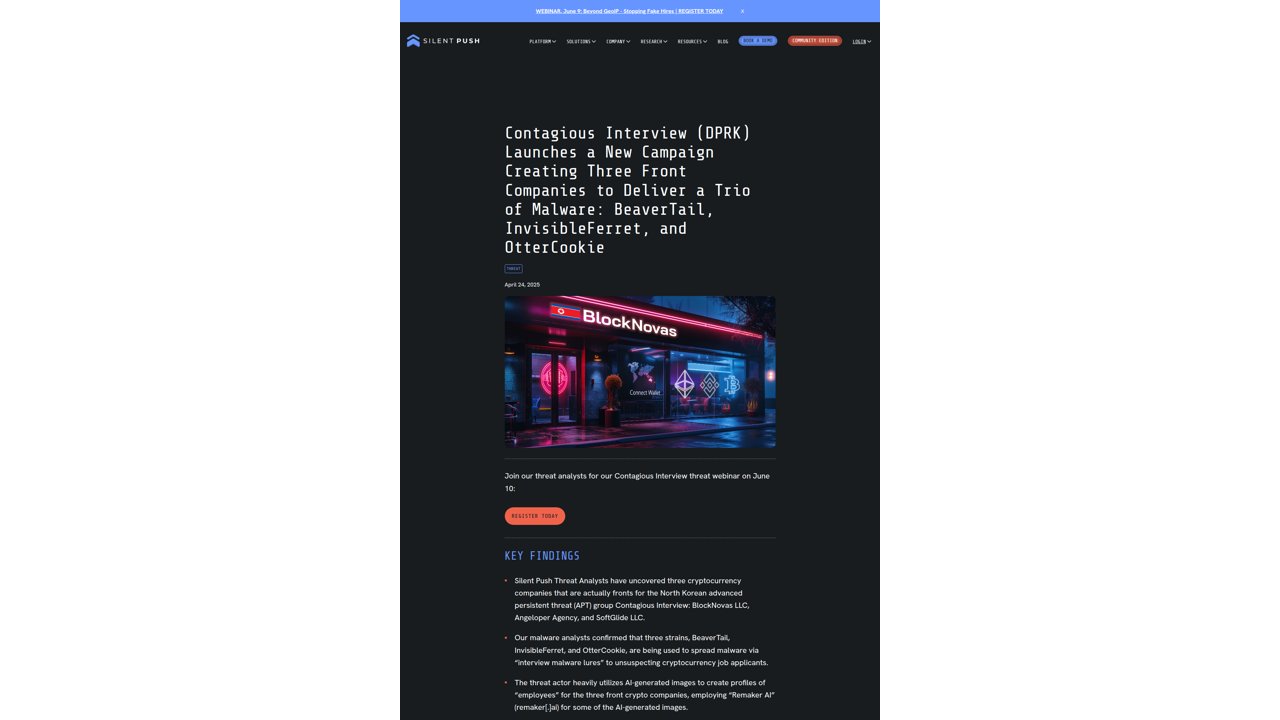 Thumbnail for Contagious Interview (DPRK) Launches a New Campaign Creating Three Front Companies to Deliver a Trio of Malware