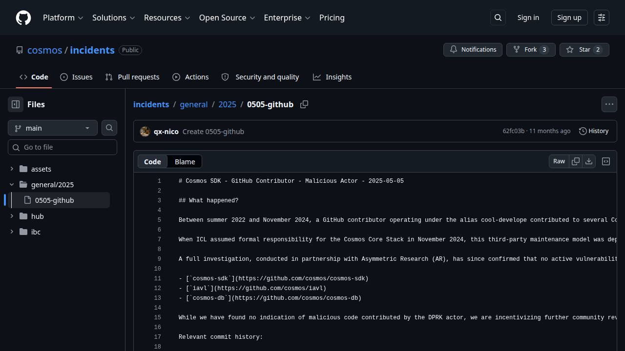 Thumbnail for Cosmos SDK - GitHub Contributor - Malicious Actor