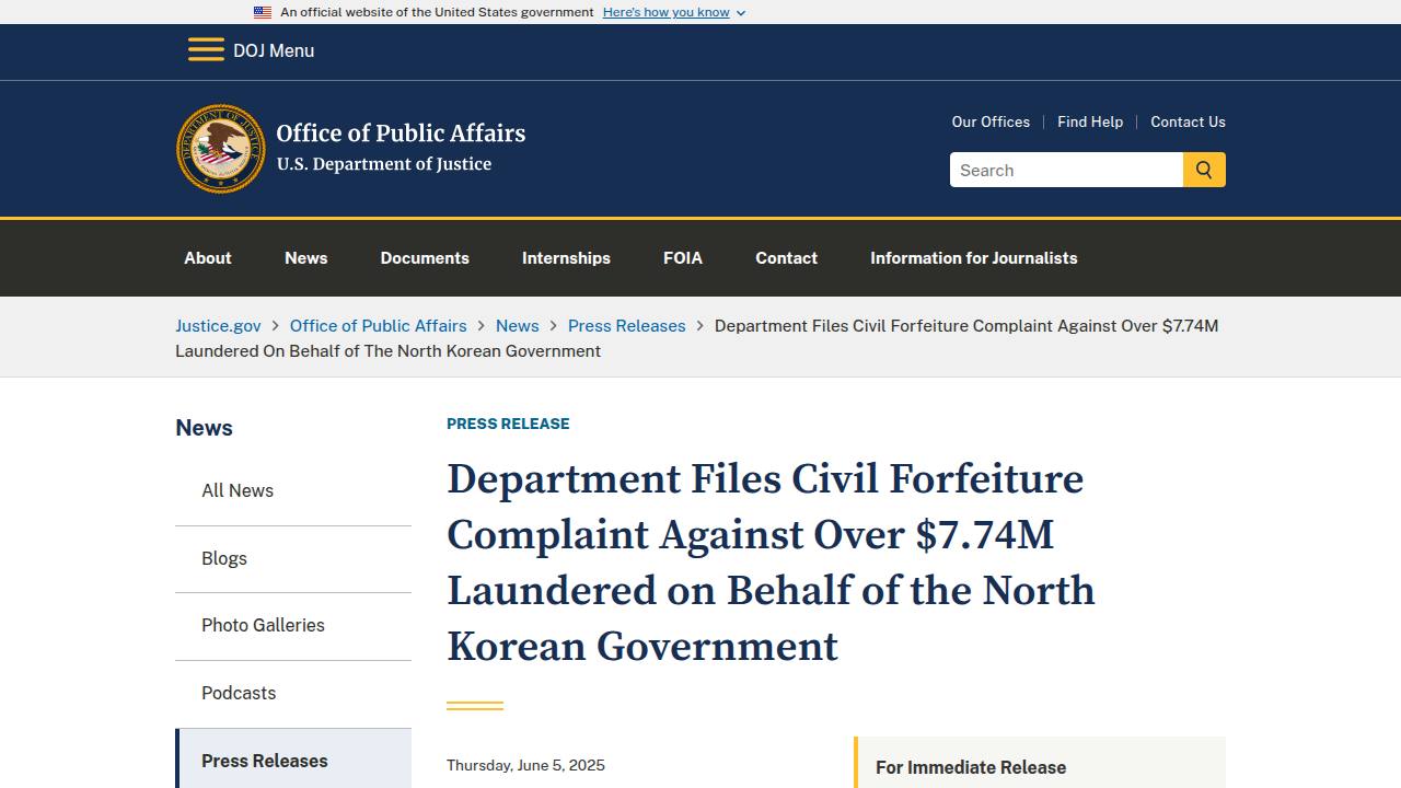 Thumbnail for Department Files Civil Forfeiture Complaint Against Over $7.74M Laundered on Behalf of the North Korean Government