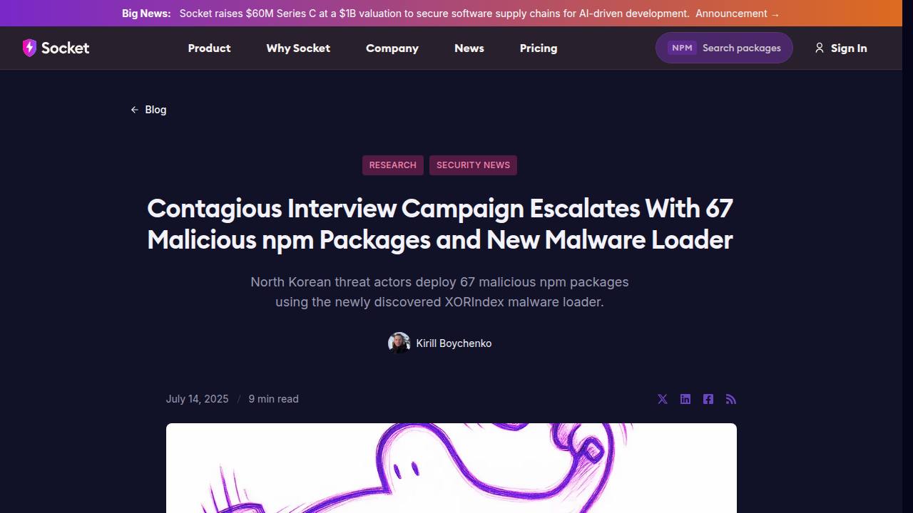 Thumbnail for Contagious Interview Campaign Escalates With 67 Malicious npm Packages and New Malware Loader