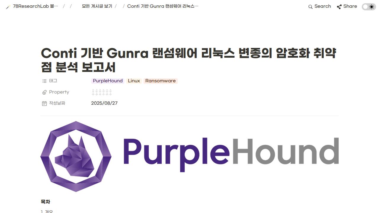 Thumbnail for Conti 기반 Gunra 랜섬웨어 리눅스 변종의 암호화 취약점 분석 보고서