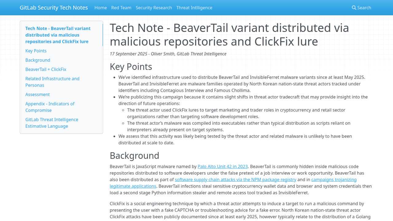 Thumbnail for BeaverTail variant distributed via malicious repositories and ClickFix lure