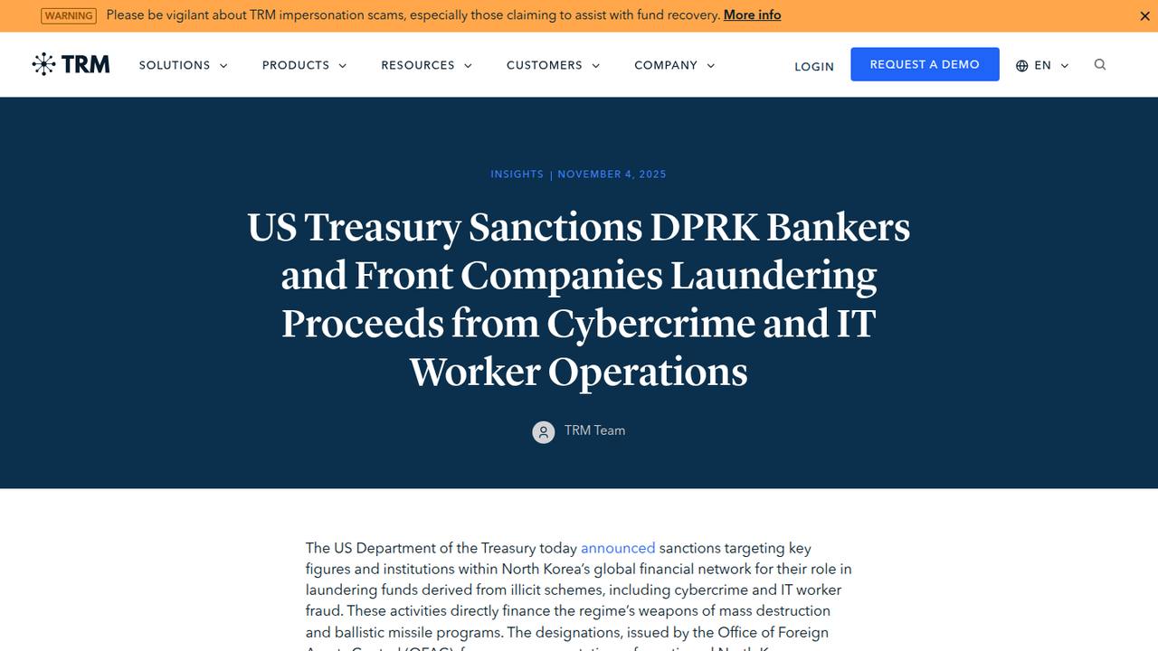 Thumbnail for US Treasury Sanctions DPRK Bankers and Front Companies Laundering Proceeds from Cybercrime and IT Worker Operations