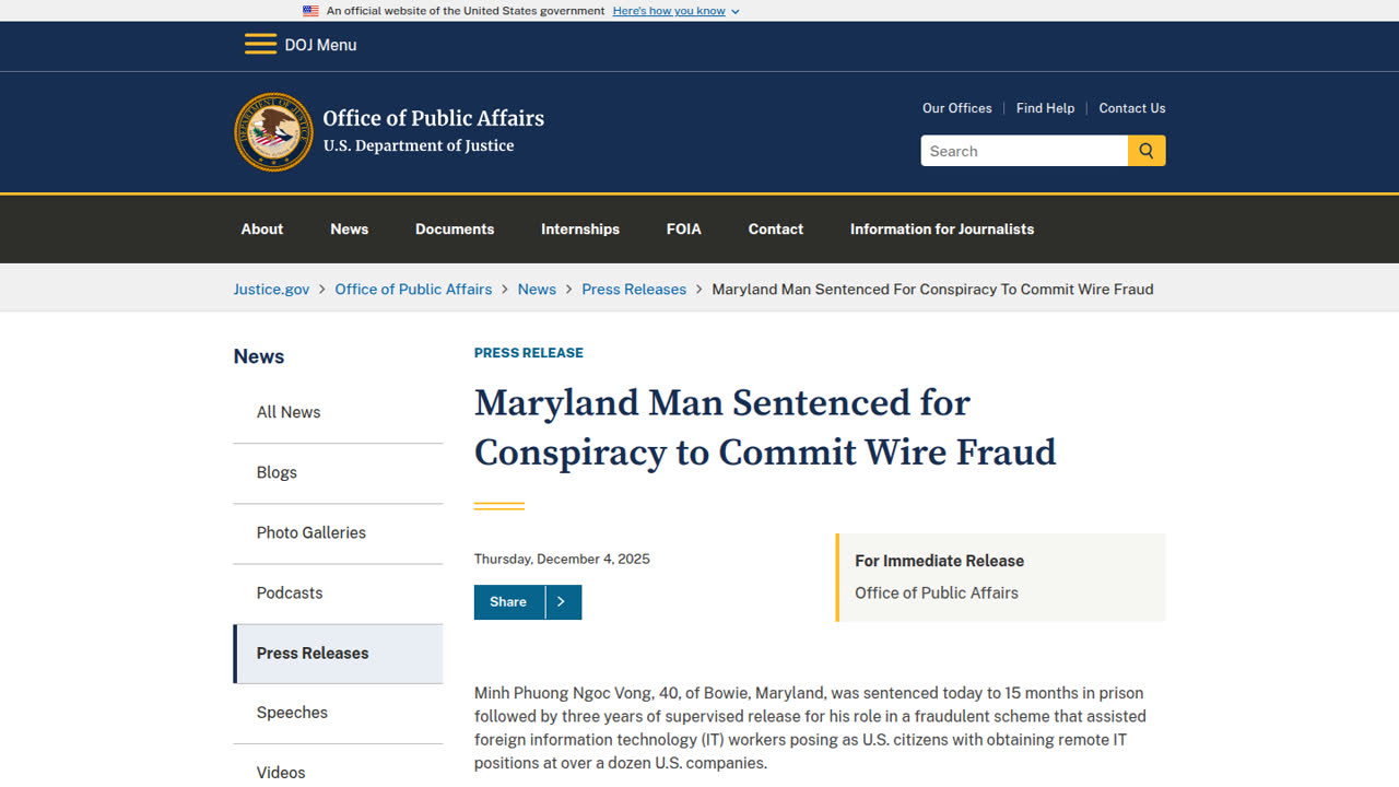 Thumbnail for Maryland Man Sentenced for Conspiracy to Commit Wire Fraud
